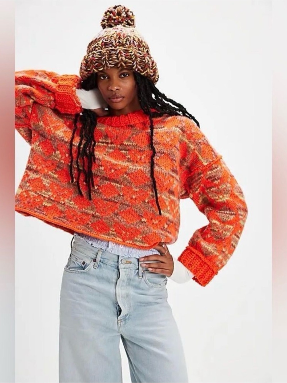 NWOT Free People Wool Blend Knit Argyle Sweater in Glowing Orange Combo